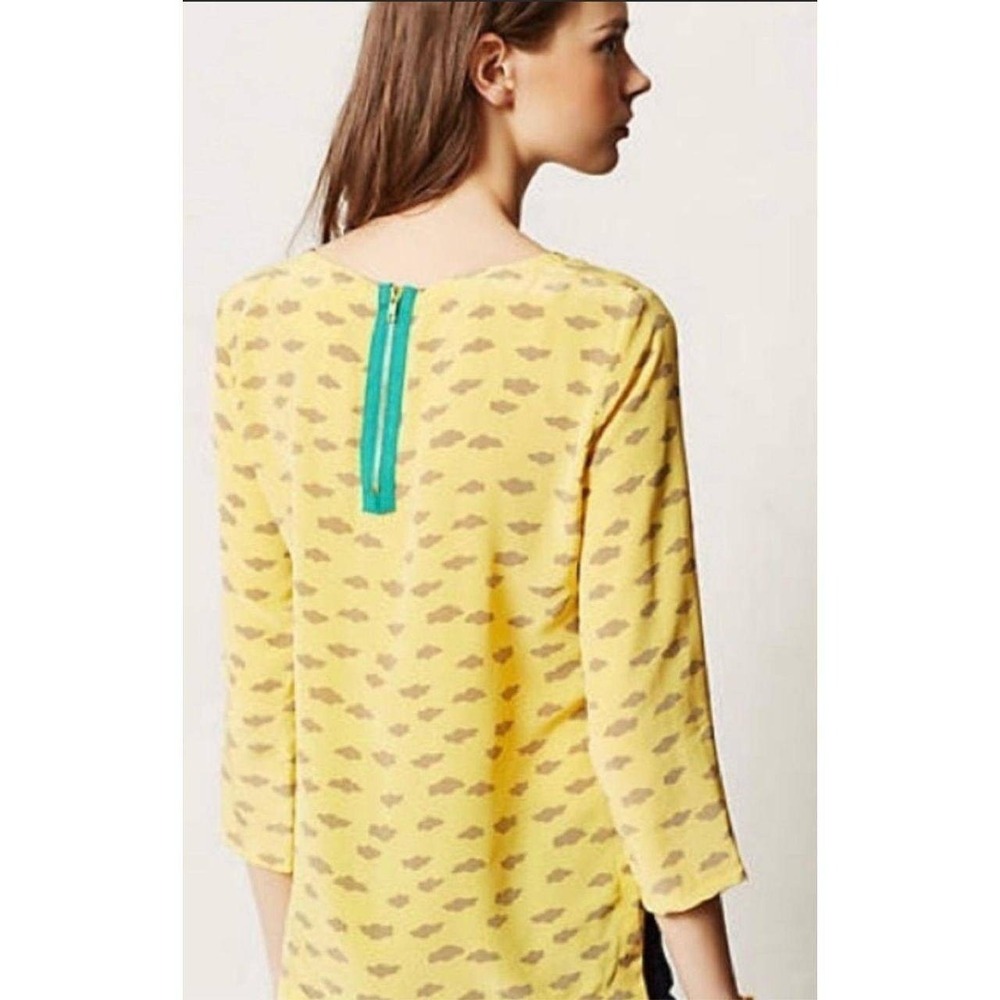 Maeve Linosa Blouse Womens Size‎ Petite S Yellow Grey Cloud 100% Silk Whimsical - Picture 2 of 10